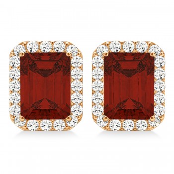 Emerald Cut Garnet & Diamond Halo Earrings 14k Rose Gold (2.70ct)
