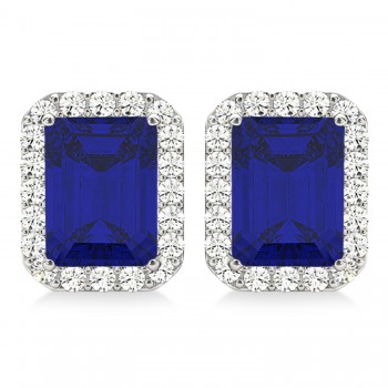 Emerald Cut Lab Blue Sapphire & Diamond Halo Earrings 14k White Gold (2.60ct)