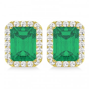 Emerald Cut Lab Emerald & Diamond Halo Earrings 14k Yellow Gold (2.10ct)