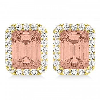 Emerald Cut Morganite & Diamond Halo Earrings 14k Yellow Gold (2.10ct)