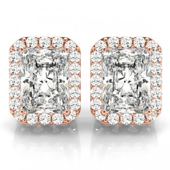 Emerald Cut Moissanite & Diamond Halo Earrings 14k Rose Gold (2.42ct)