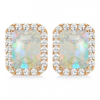 Emerald Cut Opal & Diamond Halo Earrings 14k Rose Gold (1.50ct)