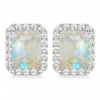 Emerald Cut Opal & Diamond Halo Earrings 14k White Gold (1.50ct)