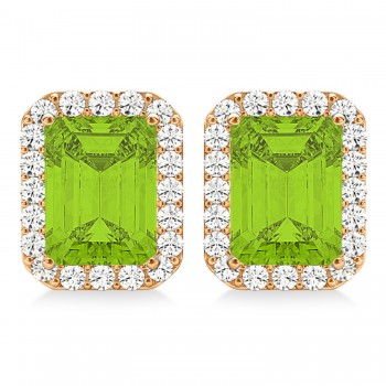 Emerald Cut Peridot & Diamond Halo Earrings 14k Rose Gold (2.30ct)