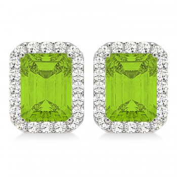 Emerald Cut Peridot & Diamond Halo Earrings 14k White Gold (2.30ct)