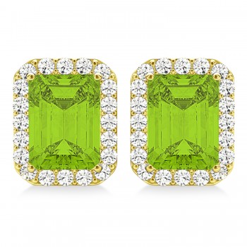 Emerald Cut Peridot & Diamond Halo Earrings 14k Yellow Gold (2.30ct)