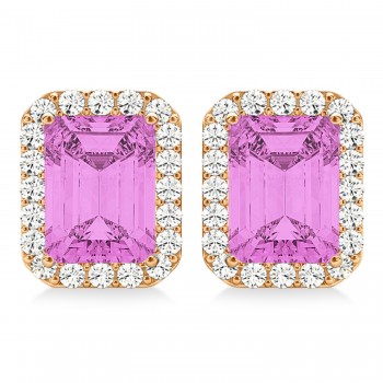 Emerald Cut Pink Sapphire & Diamond Halo Earrings 14k Rose Gold (2.60ct)