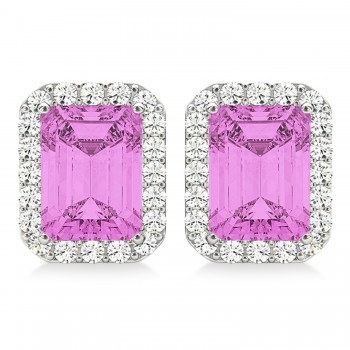 Emerald Cut Pink Sapphire & Diamond Halo Earrings 14k White Gold (2.60ct)