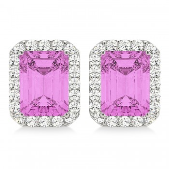 Emerald Cut Pink Sapphire & Diamond Halo Earrings 14k White Gold (2.60ct)