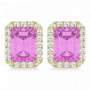 Emerald Cut Pink Sapphire & Diamond Halo Earrings 14k Yellow Gold (2.60ct)