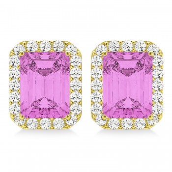 Emerald Cut Pink Sapphire & Diamond Halo Earrings 14k Yellow Gold (2.60ct)