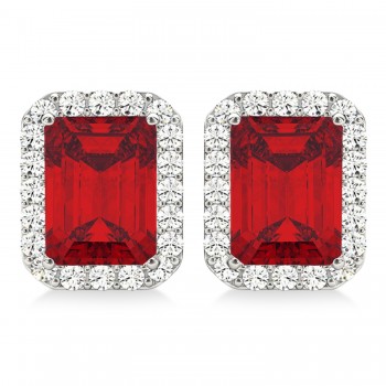 Emerald Cut Ruby & Diamond Halo Earrings 14k White Gold (2.60ct)