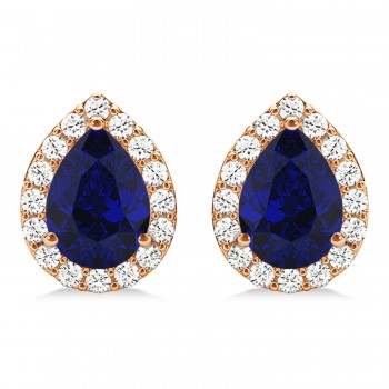 Teardrop Blue Sapphire & Diamond Halo Earrings 14k Rose Gold (1.74ct)