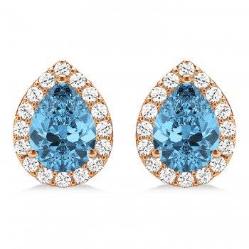 Teardrop Blue Topaz & Diamond Halo Earrings 14k Rose Gold (2.24ct)