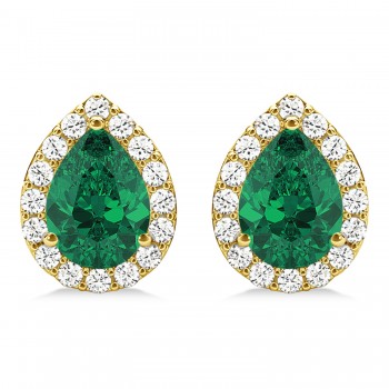 Teardrop Emerald & Diamond Halo Earrings 14k Yellow Gold (1.64ct)