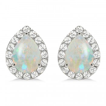 Teardrop Opal & Diamond Halo Earrings 14k White Gold (0.94ct)