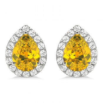 Teardrop Yellow Sapphire & Diamond Halo Earrings 14k White Gold (1.74ct)