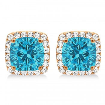 Cushion Cut Blue & White Diamond Halo Earrings 14k Rose Gold (1.22ct)