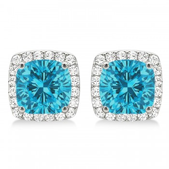 Cushion Cut Blue & White Diamond Halo Earrings 14k White Gold (1.22ct)