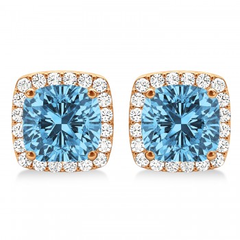 Cushion Cut Blue Topaz & Diamond Halo Earrings 14k Rose Gold (1.50ct)