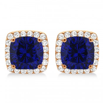 Cushion Cut Lab Blue Sapphire & Diamond Halo Earrings 14k Rose Gold (1.50ct)