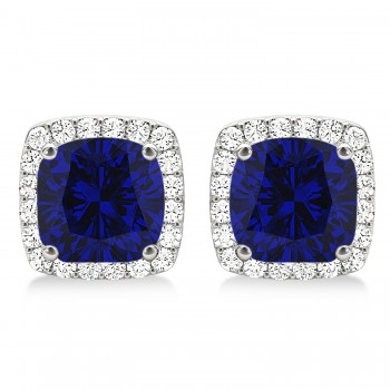 Cushion Cut Lab Blue Sapphire & Diamond Halo Earrings 14k White Gold (1.50ct)