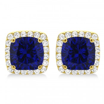 Cushion Cut Lab Blue Sapphire & Diamond Halo Earrings 14k Yellow Gold (1.50ct)
