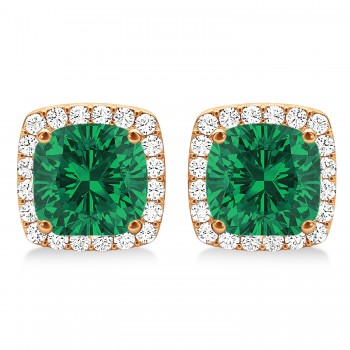 Cushion Cut Lab Emerald & Diamond Halo Earrings 14k Rose Gold (1.50ct)