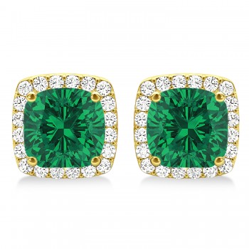 Cushion Cut Lab Emerald & Diamond Halo Earrings 14k Yellow Gold (1.50ct)