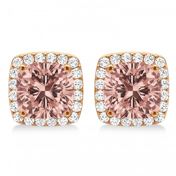 Cushion Cut Morganite & Diamond Halo Earrings 14k Rose Gold (1.50ct)