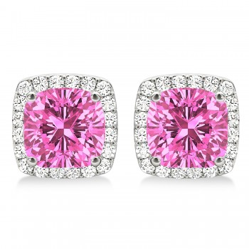 Cushion Cut Pink Sapphire & Diamond Halo Earrings 14k White Gold (1.50ct)