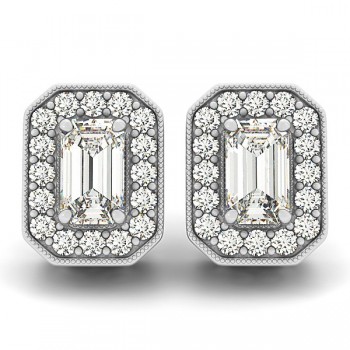 Diamond Emerald-cut Halo Stud Earrings 14k White Gold (0.90ct)