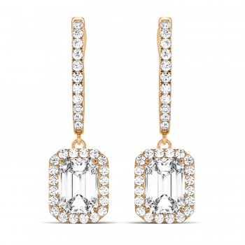 Emerald Shape Lab Diamond Halo Dangling Earrings 14k Rose Gold (1.50ct)