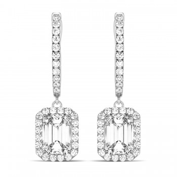 Emerald Shape Lab Diamond Halo Dangling Earrings 14k White Gold (1.50ct)