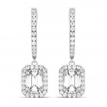 Emerald Shape Diamond Halo Dangling Earrings 14k White Gold (1.50ct)