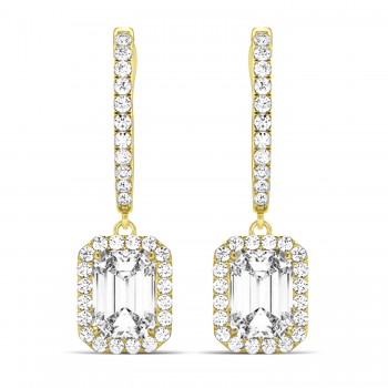Emerald Shape Diamond Halo Dangling Earrings 14k Yellow Gold (1.50ct)