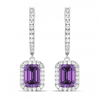 Emerald Shape Amethyst & Diamond Halo Dangling Earrings 14k White Gold (1.60ct)