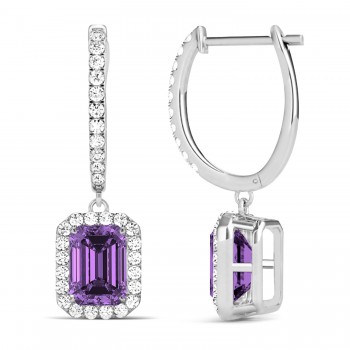 Emerald Shape Amethyst & Diamond Halo Dangling Earrings 14k White Gold (1.60ct)