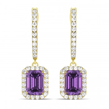 Emerald Shape Amethyst & Diamond Halo Dangling Earrings 14k Yellow Gold (1.60ct)