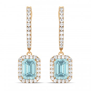 Emerald Shape Aquamarine & Diamond Halo Dangling Earrings 14k Rose Gold (1.50ct)