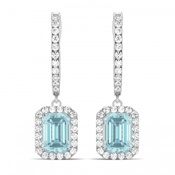 Emerald Shape Aquamarine & Diamond Halo Dangling Earrings 14k White Gold (1.50ct)