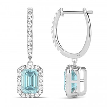 Emerald Shape Aquamarine & Diamond Halo Dangling Earrings 14k White Gold (1.50ct)