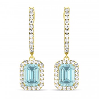 Emerald Shape Aquamarine & Diamond Halo Dangling Earrings 14k Yellow Gold (1.50ct)