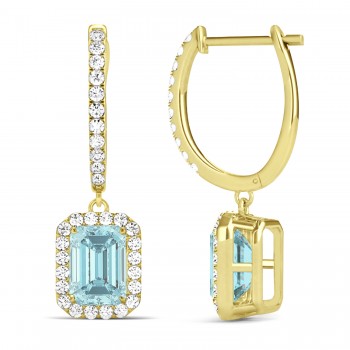 Emerald Shape Aquamarine & Diamond Halo Dangling Earrings 14k Yellow Gold (1.50ct)