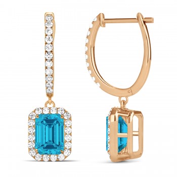 Emerald Shape Blue Diamond & Diamond Halo Dangling Earrings 14k Rose Gold (1.50ct)