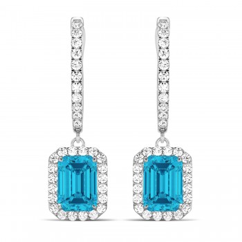 Emerald Shape Blue Diamond & Diamond Halo Dangling Earrings 14k White Gold (1.50ct)