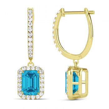 Emerald Shape Blue Diamond & Diamond Halo Dangling Earrings 14k Yellow Gold (1.50ct)