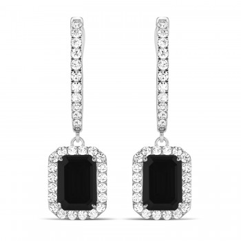 Emerald Shape Black Diamond & Diamond Halo Dangling Earrings 14k White Gold (1.50ct)