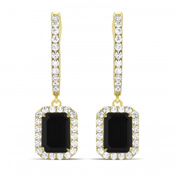Emerald Shape Black Diamond & Diamond Halo Dangling Earrings 14k Yellow Gold (1.50ct)