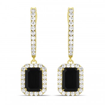 Emerald Shape Black Diamond & Diamond Halo Dangling Earrings 14k Yellow Gold (1.50ct)